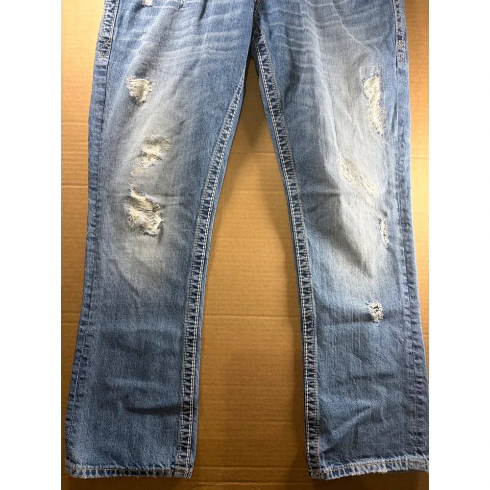 Rock Revival Richie Slim Straight Jeans Mens 34 Blue Distressed‎ Thick Stitch